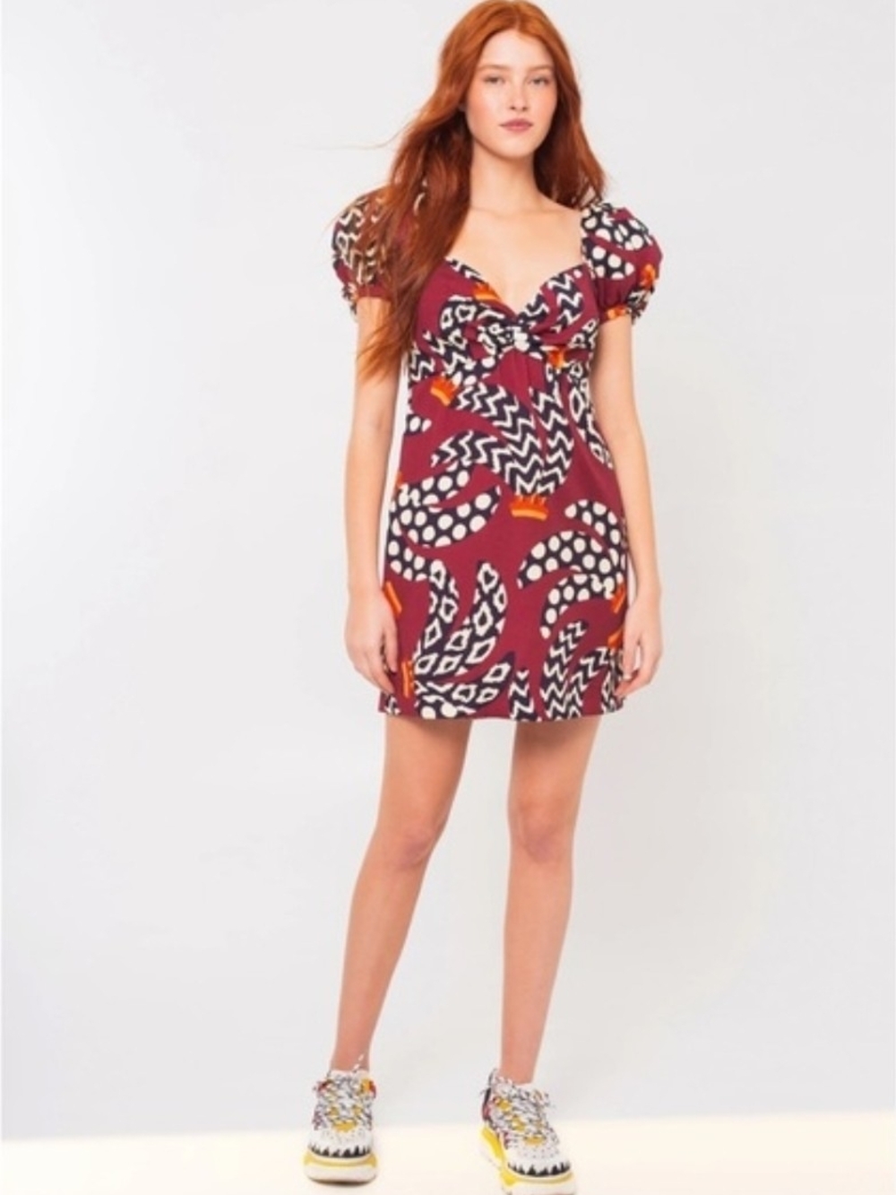 FARM Rio Burgundy Printed Puff-Sleeve Mini Dress - Sz XS